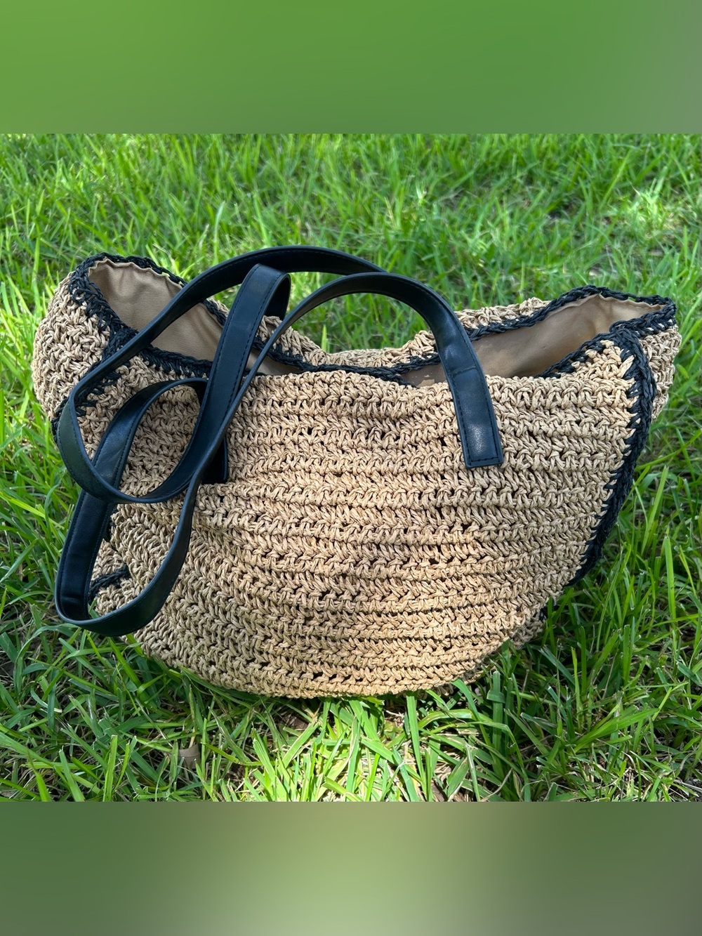 Rachel Zoe Woven Straw Tote with Black Trim and Handles